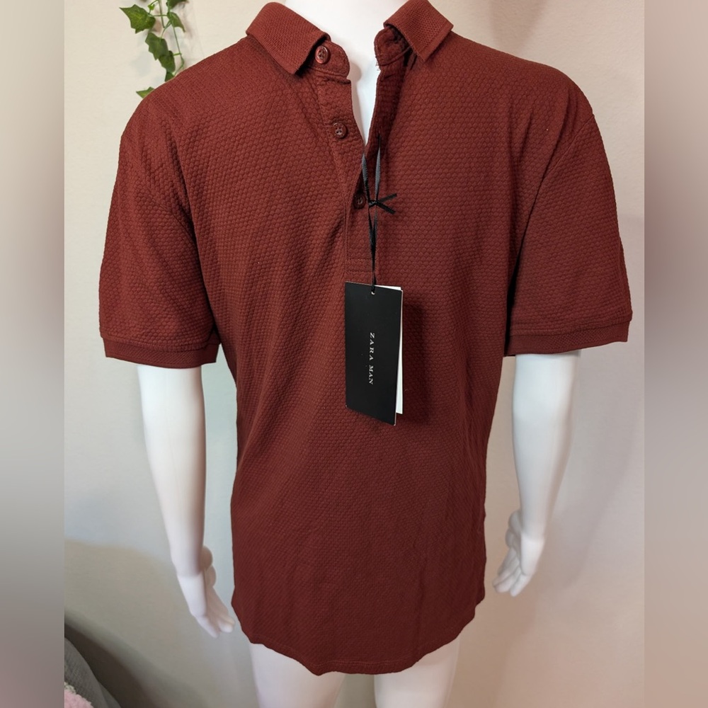 Zara Man Brick Red Polo Shirt mesh like NWT size small